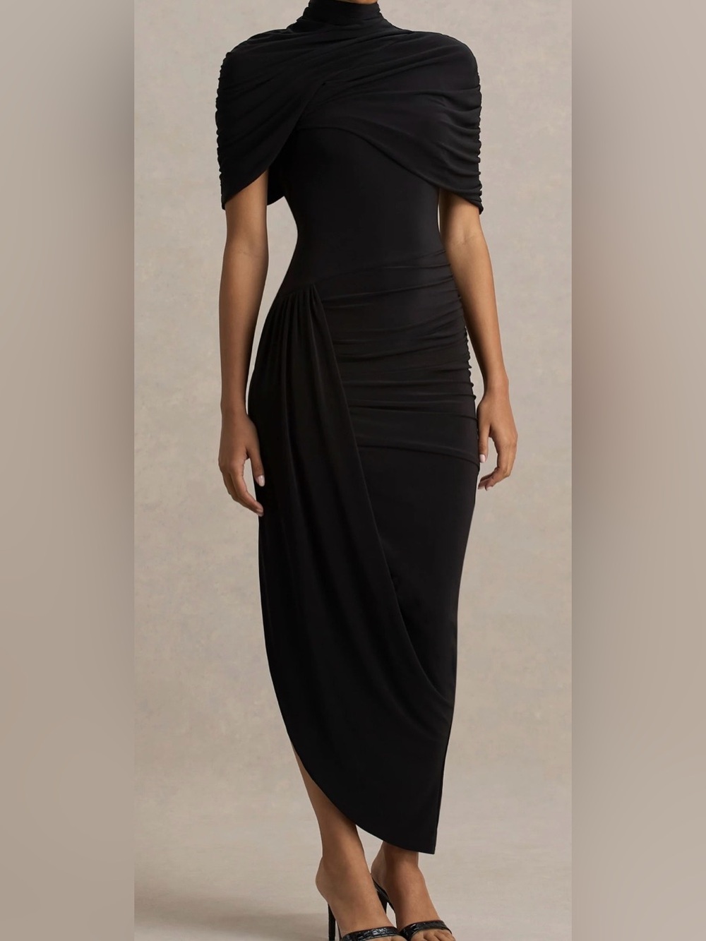 ENCHANT Black Asymmetric Twisted Cape Midi Dress